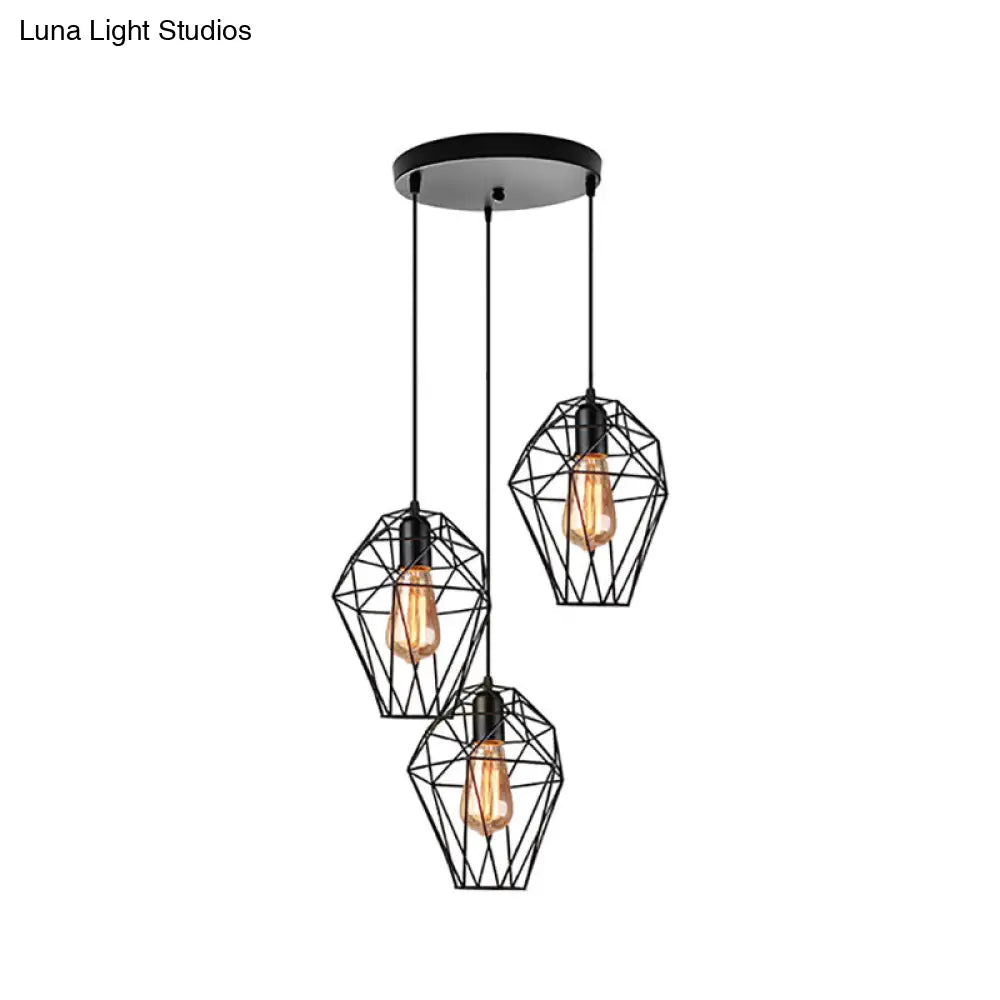 Geometric Vintage Ceiling Pendant Lamp - Metallic Black, Suspended Light with 3 Bulbs, Cage Shade, Round/Linear Canopy