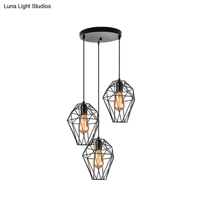 Geometric Vintage Ceiling Pendant Lamp - Metallic Black, Suspended Light with 3 Bulbs, Cage Shade, Round/Linear Canopy