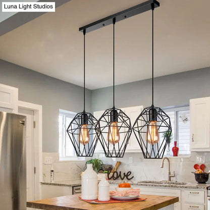 Geometric Vintage Ceiling Pendant Lamp - Metallic Black, Suspended Light with 3 Bulbs, Cage Shade, Round/Linear Canopy