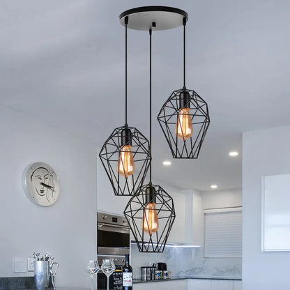 Geometric Vintage Ceiling Pendant Lamp - Metallic Black, Suspended Light with 3 Bulbs, Cage Shade, Round/Linear Canopy