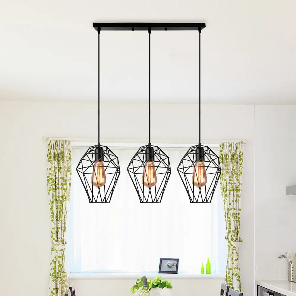 Geometric Vintage Ceiling Pendant Lamp - Metallic Black, Suspended Light with 3 Bulbs, Cage Shade, Round/Linear Canopy