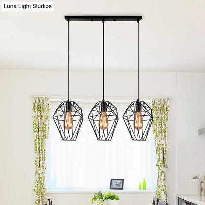 Geometric Vintage Ceiling Pendant Lamp - Metallic Black, Suspended Light with 3 Bulbs, Cage Shade, Round/Linear Canopy