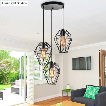 Geometric Vintage Ceiling Pendant Lamp - Metallic Black, Suspended Light with 3 Bulbs, Cage Shade, Round/Linear Canopy