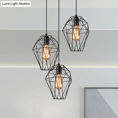 Geometric Vintage Ceiling Pendant Lamp - Metallic Black, Suspended Light with 3 Bulbs, Cage Shade, Round/Linear Canopy