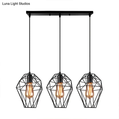 Geometric Vintage Ceiling Pendant Lamp - Metallic Black, Suspended Light with 3 Bulbs, Cage Shade, Round/Linear Canopy