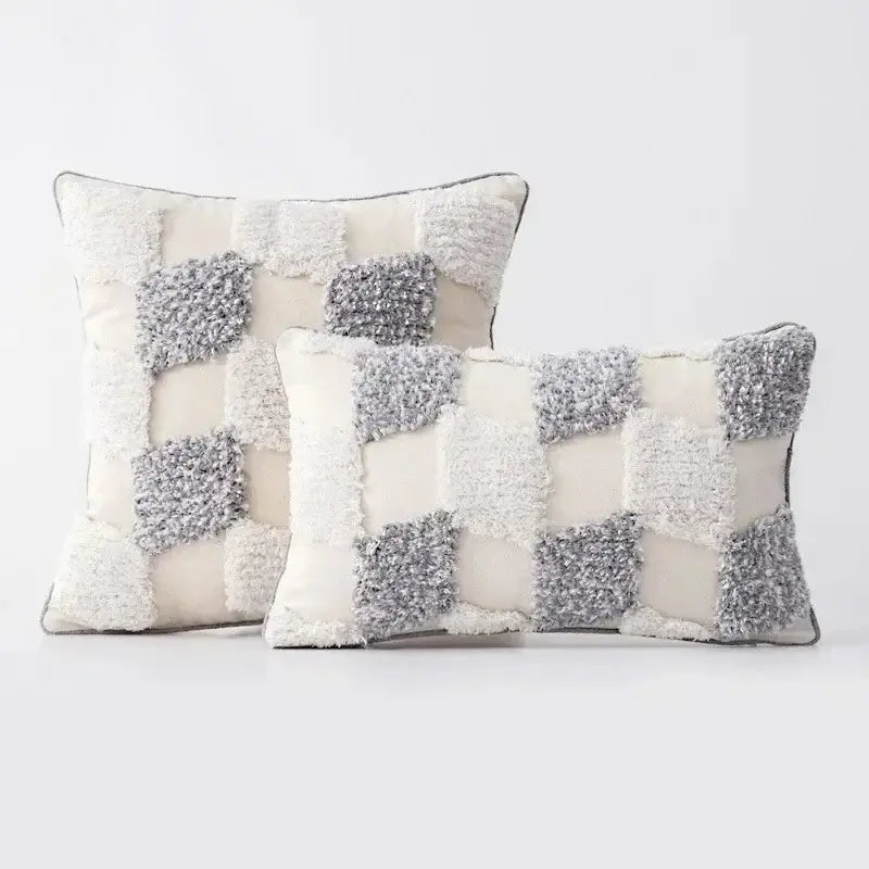 Cream and gray textured pillow covers with geometric waves tufted design and fringe for cozy bedroom decorbites decor