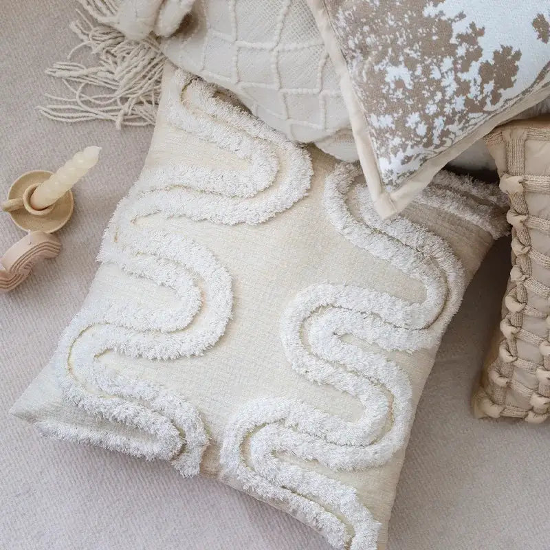 Cream-colored geometric waves tufted pillow cover with textured wavy fringe for bedroom decorbites pillow covers