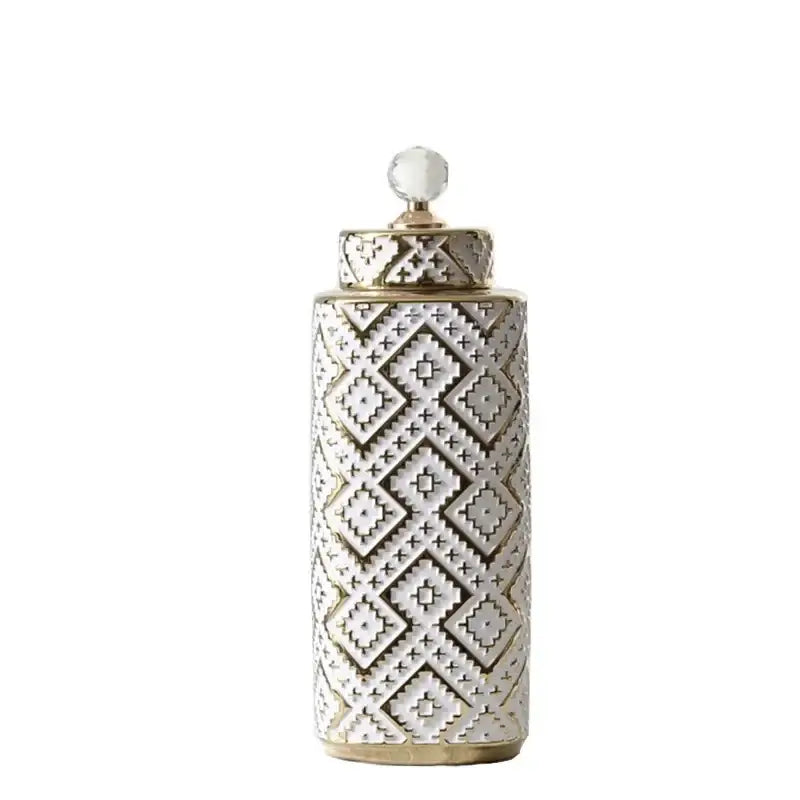 White ceramic decorative jar with golden relief geometric pattern and crystal knob for kitchen decorbites geometric golden use
