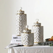 Three elegant ceramic decorative jars with golden relief diamond-patterned white glaze and crystal knobs for kitchen decorbites geometric golden collection