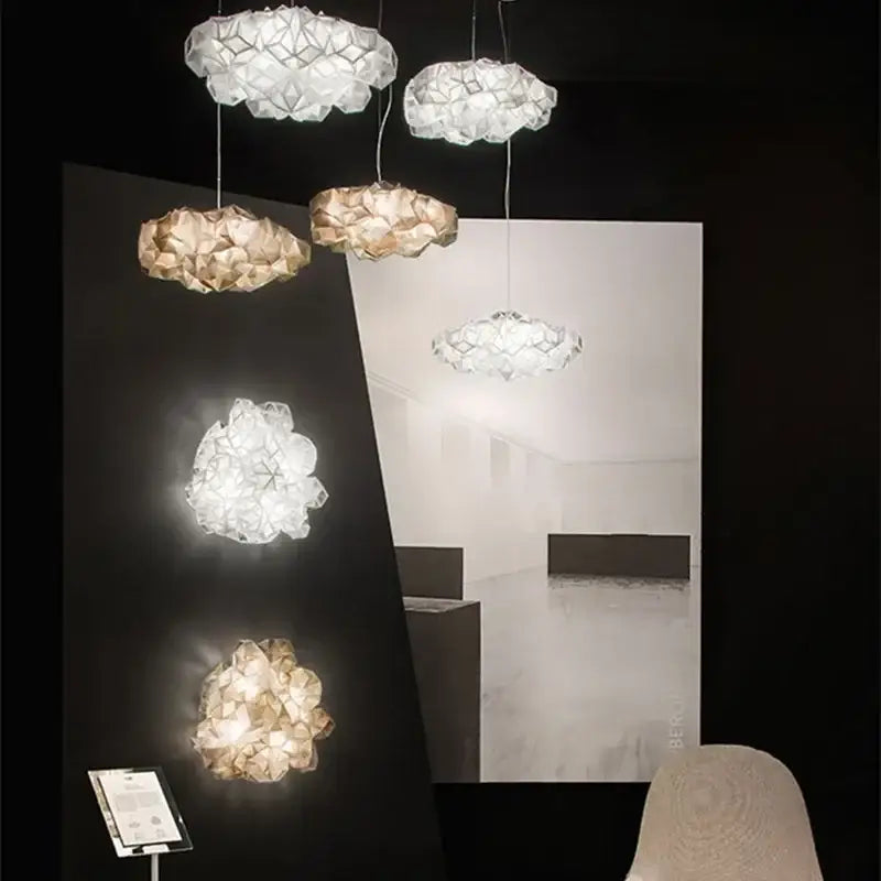 Geometric white gold pendant light with faceted crystalline cloud shape from decorbites clouds white gold collection