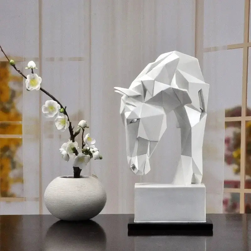 White geometric horse head sculpture with angular facets decorbites horse ornaments minimalist living room decor