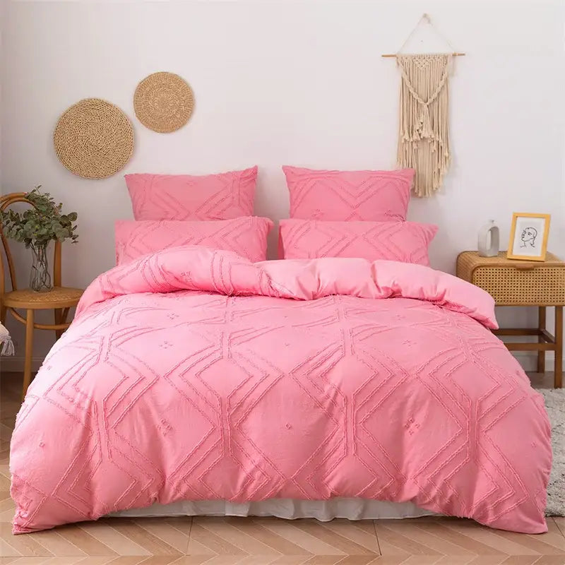Pink geometric-patterned quilted duvet cover set with textured embroidery for bedroom bedding cover set