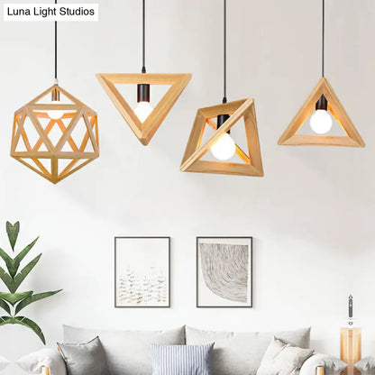 Geometric Wooden Pendant Lamp - Minimalist Single Ceiling Light for Restaurants