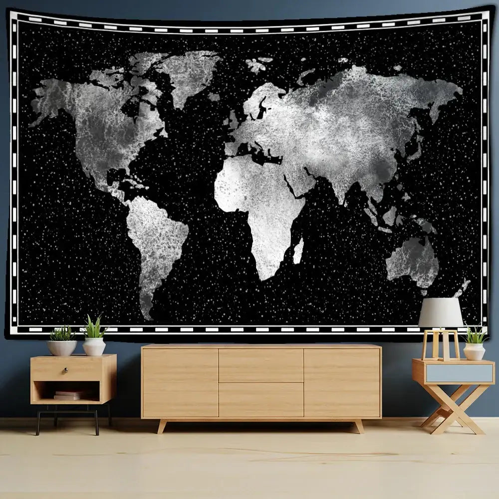 Geometric world map black and silver tapestry wall decor featuring a starry background and white dotted border