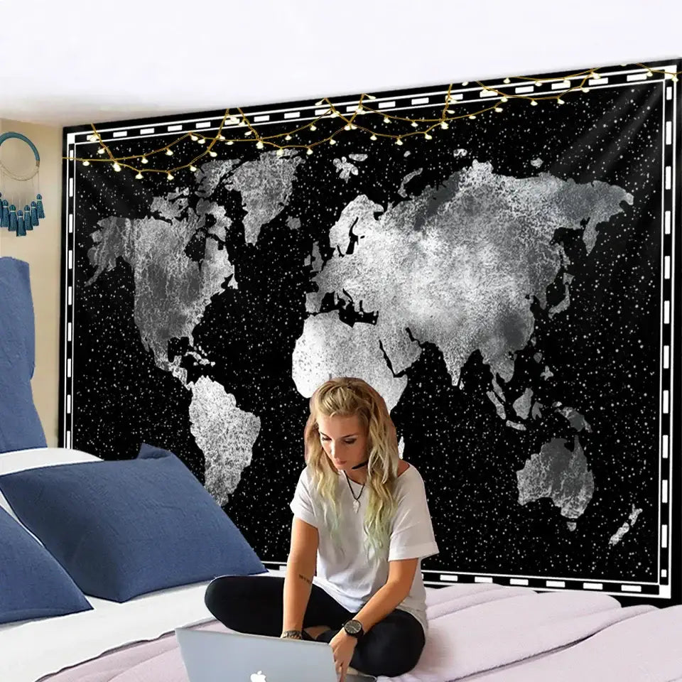 Black and silver geometric world map tapestry with starry night design and white dashed borders for bedroom decorbites decor