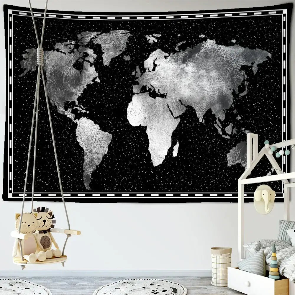 Geometric world map black and silver tapestry featuring a starry background and white dashed border for bedroom decorbites decor