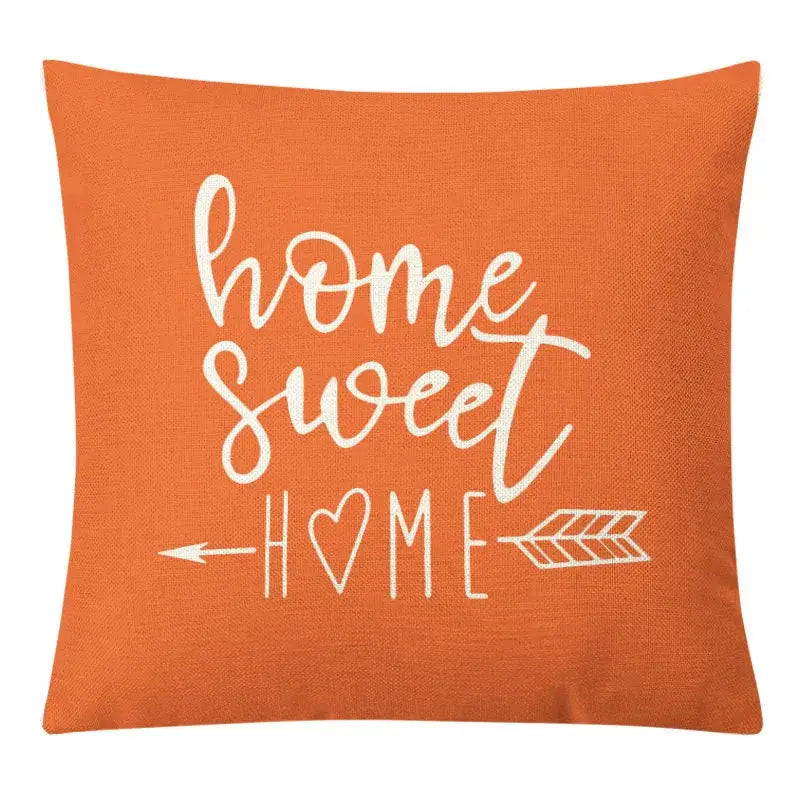 Orange linen throw pillow cover with white home sweet home script and arrow design for geometric yellow linen decorbites decor