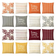 Set of twelve geometric yellow linen pillow covers in autumnal tones with floral patterns and home sweet home decorbites design