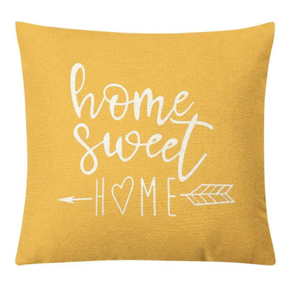 Yellow linen pillow cover with white home sweet home script and arrow design for decorbites geometric yellow decor