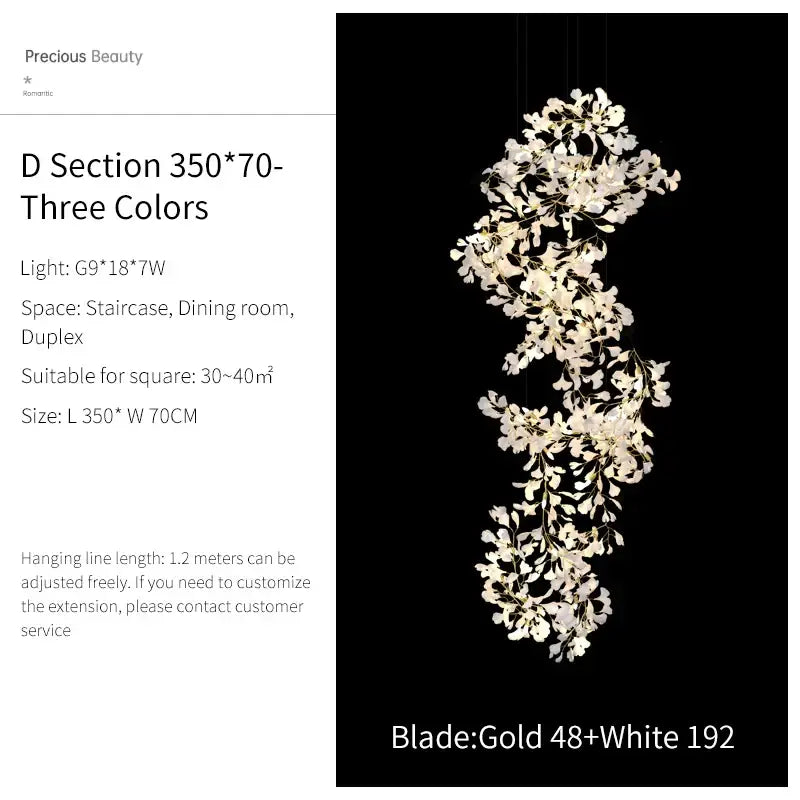Elegant gold and white ginkgo biloba chandelier pendant light with cascading leaf design for living room decorbites lighting