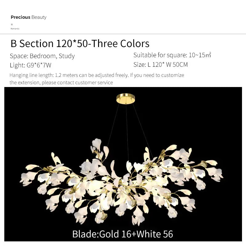 Gold and white floral ginkgo biloba chandelier pendant light with delicate glass petal shades for living room decorbites