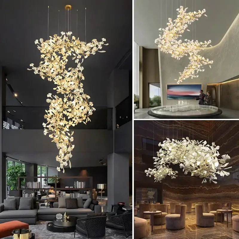 A modern ginkgo biloba chandelier pendant light with white and gold glass leaf elements for living room decorbites