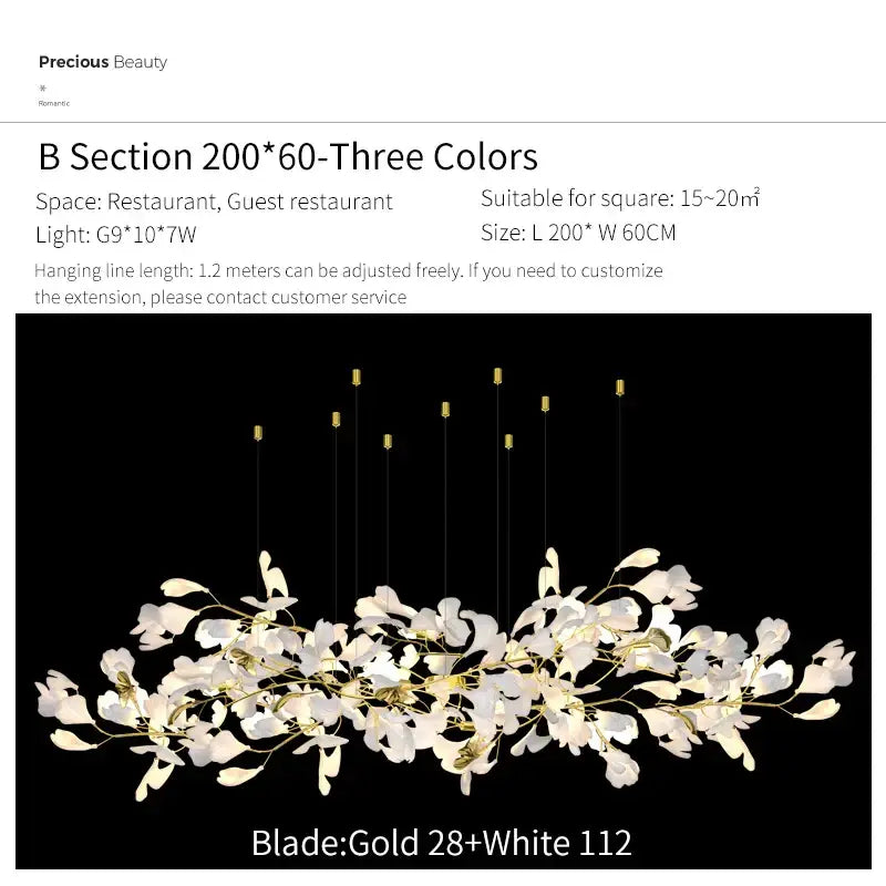 Elegant white and gold glass pendant light decorbites ginkgo biloba chandelier with delicate floral branching arms for living room