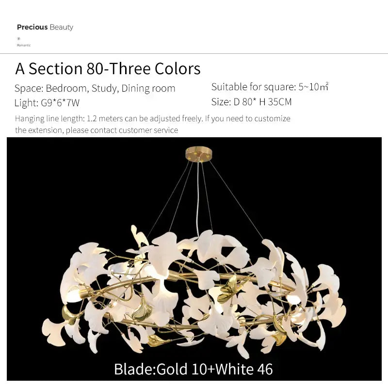 Delicate gold-toned decorbites ginkgo biloba chandelier with white petal glass pendant light for living room decor