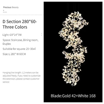Elegant gold and white ginkgo biloba chandelier pendant light with cascading glass design for living room decorbites decor