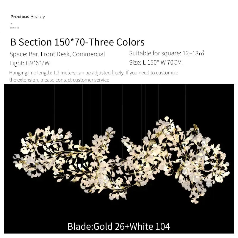 Elegant white and gold glass ginkgo biloba chandelier pendant light with leaf-shaped floral design for living room decorbites