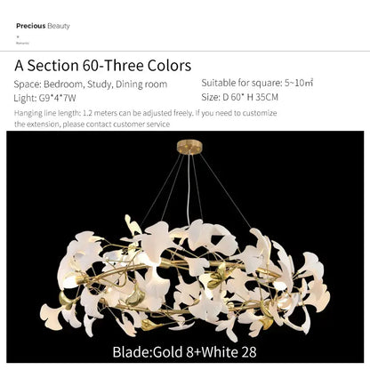 Elegant gold and white leaf-shaped ginkgo biloba chandelier pendant light by decorbites for modern living room decor