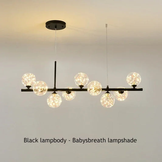 Glass Ball Chandelier: Modern Ceiling Lighting Fixture - black babysbreath / 7 Head(L65xH24cm) / Warm white 3000K
