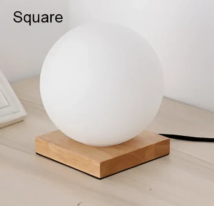White spherical glass ball led table lamp with square wooden base for bedroom night light decorbites glass ball