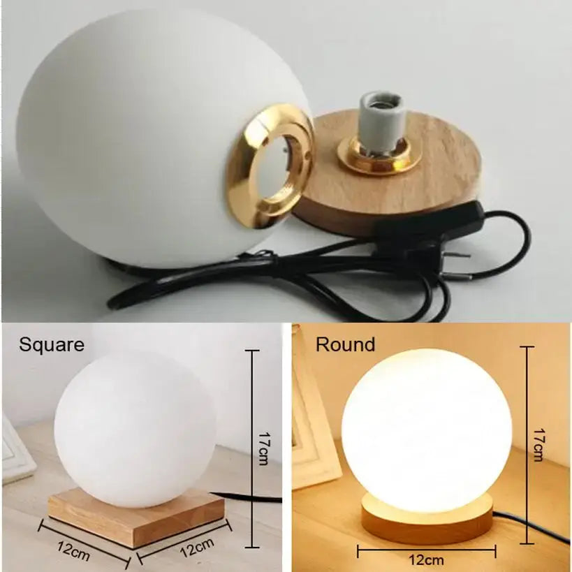 Glass ball led table lamp with a white matte spherical lamp, gold-toned ring, and wooden base for bedroom night light decorbites glass ball