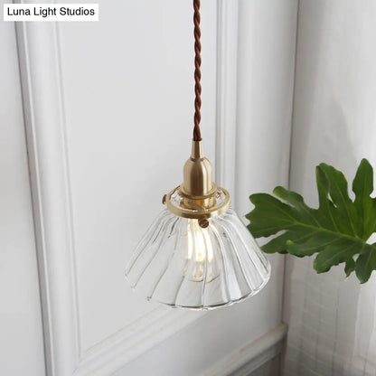 Glass Brass Pendant Lamp - Rustic Cone Design with Clear Sleek/Ribbed Finish - 1 Light Down Lighting for Dining Room