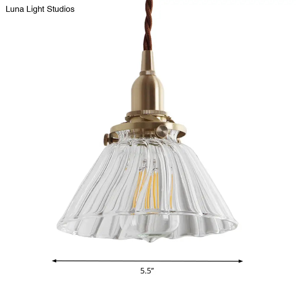 Glass Brass Pendant Lamp - Rustic Cone Design with Clear Sleek/Ribbed Finish - 1 Light Down Lighting for Dining Room