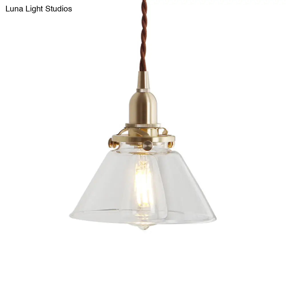 Glass Brass Pendant Lamp - Rustic Cone Design with Clear Sleek/Ribbed Finish - 1 Light Down Lighting for Dining Room