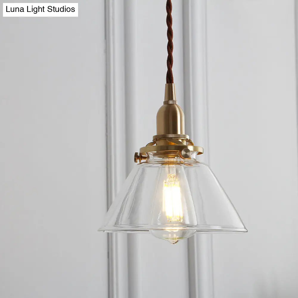 Glass Brass Pendant Lamp - Rustic Cone Design with Clear Sleek/Ribbed Finish - 1 Light Down Lighting for Dining Room