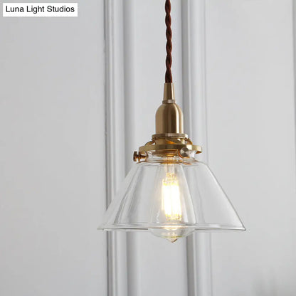 Glass Brass Pendant Lamp - Rustic Cone Design with Clear Sleek/Ribbed Finish - 1 Light Down Lighting for Dining Room