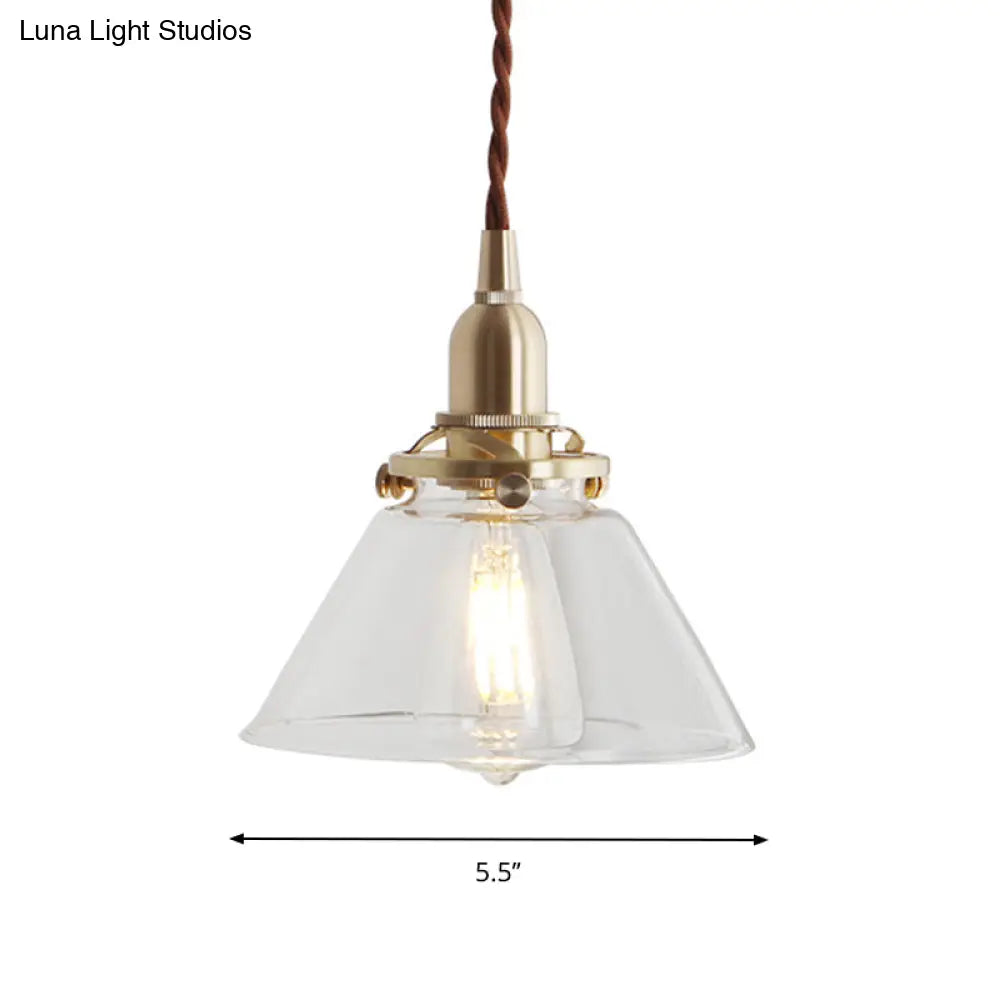 Glass Brass Pendant Lamp - Rustic Cone Design with Clear Sleek/Ribbed Finish - 1 Light Down Lighting for Dining Room