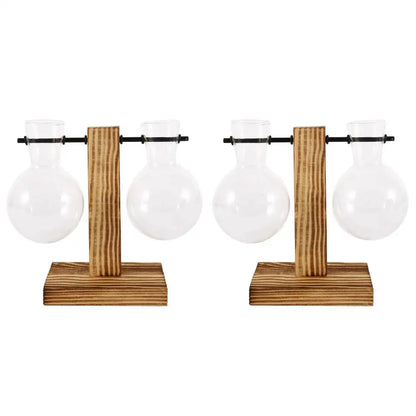 Glass Bulb Vase with Wooden Stand - 2Pcs Style B - Vase