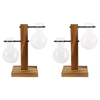 Glass Bulb Vase with Wooden Stand - 2Pcs Style C - Vase
