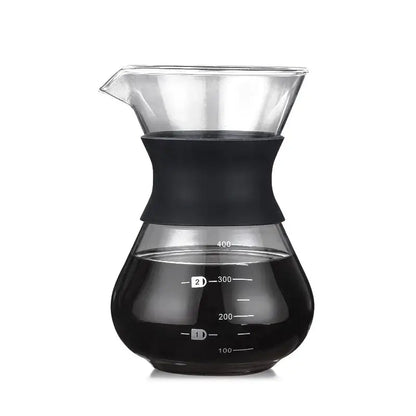 Glass coffee pot with stainless steel filter and black silicone handle featuring measurement markings for pour over brewing