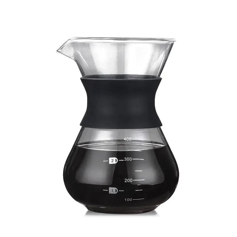 Glass coffee pot with stainless steel filter and black silicone handle featuring measurement markings for pour over brewing