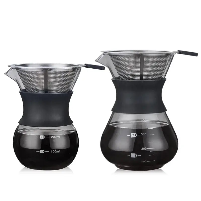 Two glass coffee pots with black silicone handles and stainless steel filters for pour over brewing, 200ml and 300ml sizes