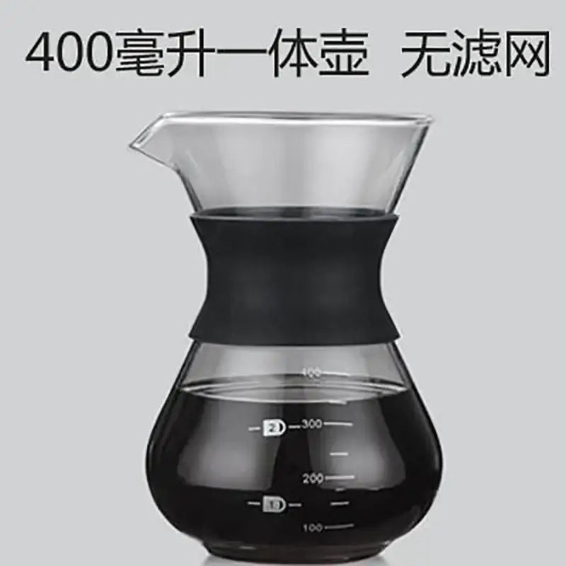 Clear glass coffee pot with black silicone handle and stainless steel filter designed for 400ml pour-over brewing