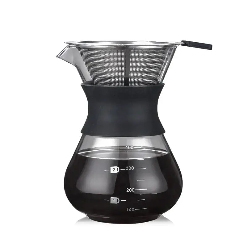 Clear glass coffee pot with stainless steel filter and black silicone grip for kitchen pour over brewing