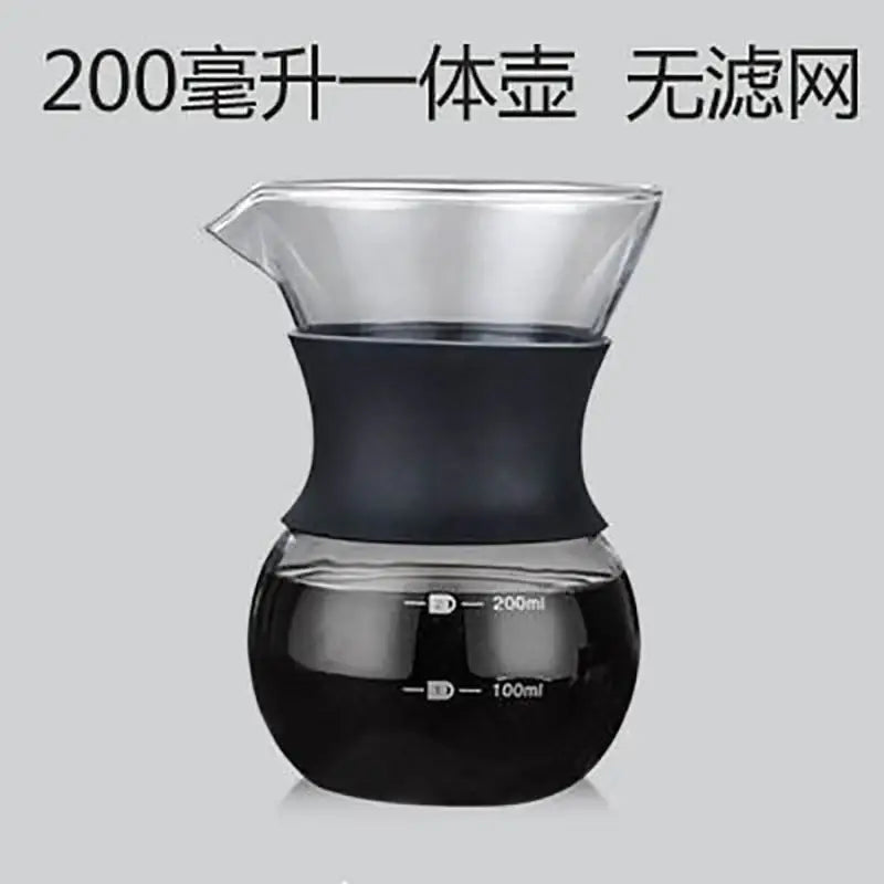 Glass coffee pot with stainless steel filter and clear dripper with black silicone handle and 200ml capacity