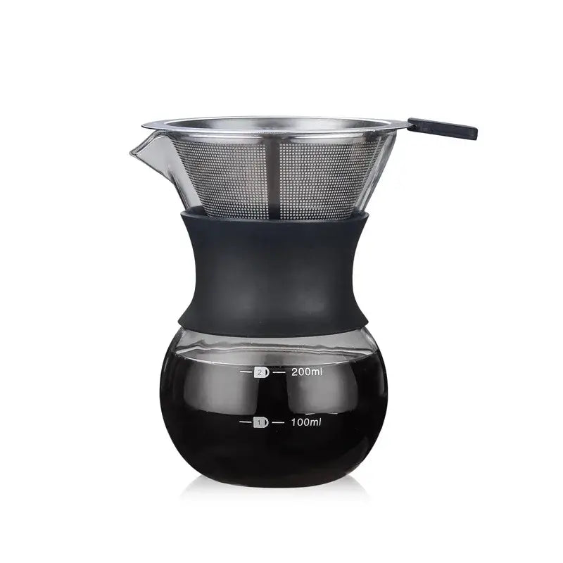 Glass coffee pot with stainless steel filter features a black silicone base and mesh for pour over brewing