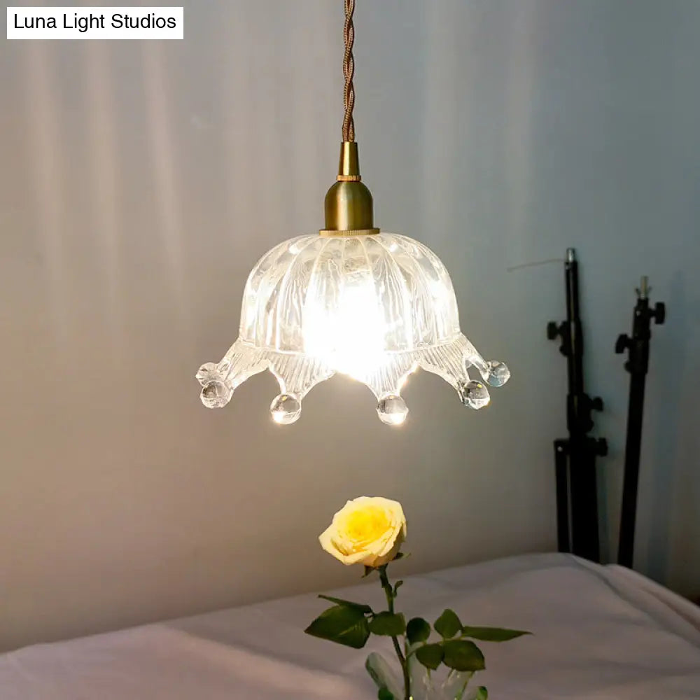 Glass Crown Pendant Lamp with Carved Design - Kids Bedroom Lighting in Brass